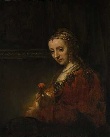 穿粉红色衣服的女人`Woman with a Pink (early 1660s) by Rembrandt van Rijn