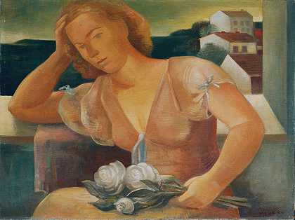 这位艺术家的妻子戴着鲜花`Die Gattin des Künstlers mit Blumen (1928) by Viktor Planckh