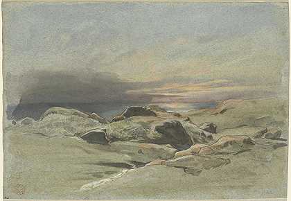 岩石海岸线的日落`Sunset from a Rocky Coastline (1842) by Jean-Achille Benouville