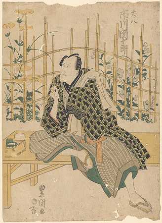 演员坐在长凳上（背景是鲜花和竹子）`Actor on Bench (flowers and bamboo in background) (late 18th century – early 19th century) by Toyokuni Utagawa