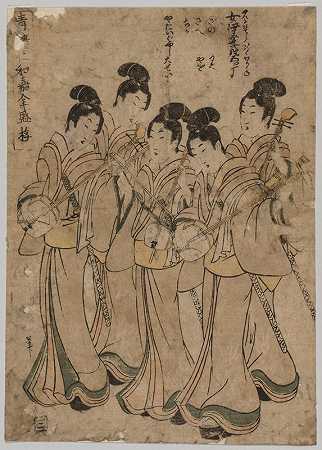 手持乐器的年轻女性`Young Women with Musical Instruments (1787~1867) by Kikukawa Eizan