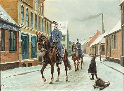 有龙的乡村公园和有雪橇的男孩，冬天`Landsbygade med dragoner og dreng med slæde, vinter (1918) by Karl Hansen Reistrup