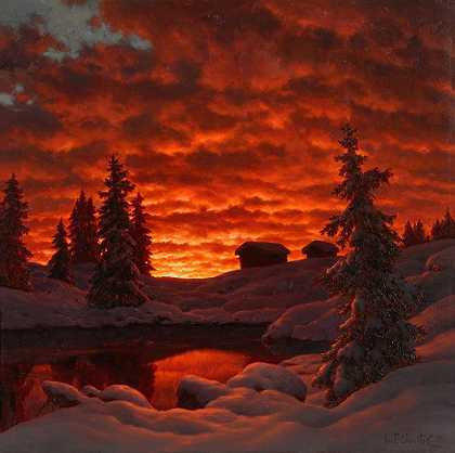 落日下雪`Snowy Sunset (1923) by Ivan Fedorovich Choultse