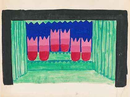 剧院的设计，带有黑色边框的舞台和醒目的彩色背景。]【舞台灯光墙面装饰研究，可能是咖啡馆̌克里隆（公园大道277号）。。。。。`Designs for theater with black~framed proscenium and boldly colored settings.] [Study for stage light wall decoration, possibly for Caf ̌Crillon (277 Park Avenue)….. (1926) by Winold Reiss