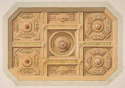 带涂漆装饰的镶板天花板设计`Design for a paneled ceiling with painted decoration (19th Century) by Jules-Edmond-Charles Lachaise