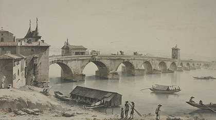 里昂断头台桥景观`Vue du pont de la Guillotière à Lyon (1760) by Jean-Jacques de Boissieu