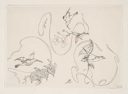 甜点盘三个复合图案各为D磁带，D一朵花和D一只鸟。`Assiette à dessert ; trois motifs composés chacun dun ruban, dune fleur et dun oiseau. (1866 ~ 1878) by Félix Bracquemond