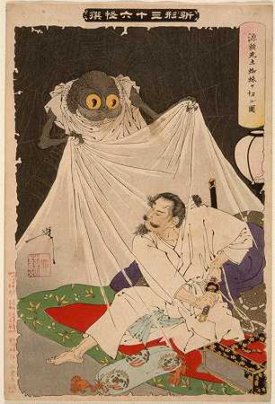 Minamoto no Yorimitsu切向地球蜘蛛`Minamoto no Yorimitsu Cuts at the Earth Spider (1892) by Tsukioka Yoshitoshi