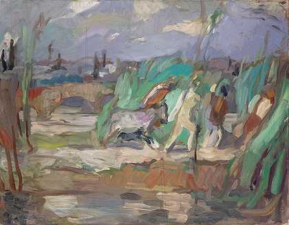 一群酒神的风景`Landscape With A Group Of Bacchantes (1911) by Carl Burckhardt