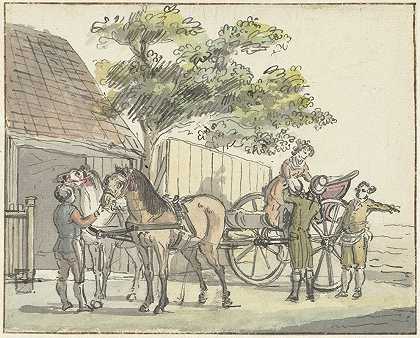在哈勒姆附近的De Donkere Kuil路段有两匹马的马车`Wagen met twee paarden bij de uitspanning De Donkere Kuil bij Haarlem (1815) by Reinier Vinkeles