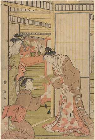 三个女人开着门`Three Women at Open Door (late 18th century – early 19th century) by Eishi Hosoda