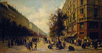 尾门D1870年11月，一家杂货店（雷乌穆尔街和塞瓦斯托波尔大道拐角处）`Queue à la porte dune épicerie (angle de la rue Réaumur et du boulevard Sébastopol) en novembre 1870 (1871) by Alfred Decaen