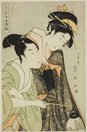 Osome和Hisamatsu，选自系列乔里角色中的美女（Bijin awase Joruri kagami）和`Osome and Hisamatsu, from the series Beauties in Joruri Roles (Bijin awase joruri kagami) (c. 1795) by Ichirakutei Eisui