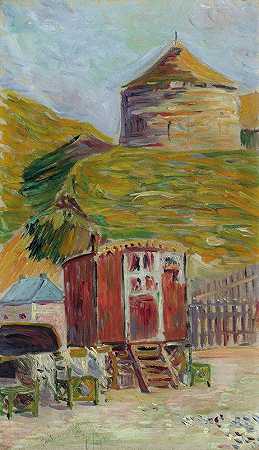 贝辛港，老塔`Port~En~Bessin, La Vieille Tour (1884) by Paul Signac