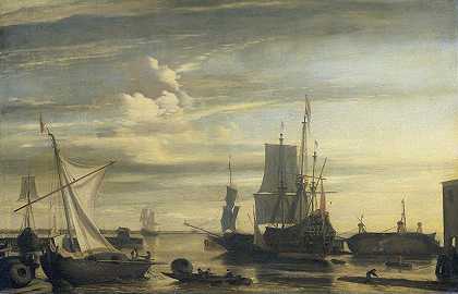 日落时的港湾`Harbor at Sunset (1675 ~ 1699) by Jan Claesz. Rietschoof