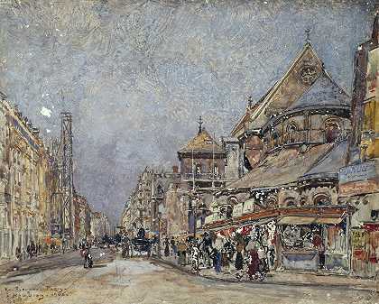 Réaumur街和L床边圣马丁教堂`La rue Réaumur et le chevet de léglise Saint~Martin~des~Champs (1900) by Frédéric Houbron