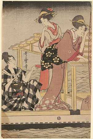 用四臂勺子网捕鱼（Yotsu Deami）（三联画的左部分）`Fishing with a Four~Armed Scoop~net (Yotsu Deami) (left component of triptych) (late 18th century – ca. 1806) by Kitagawa Utamaro
