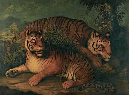 孟加拉虎景观`A Landscape With Bengal Tigers (19th Century) by Continental School