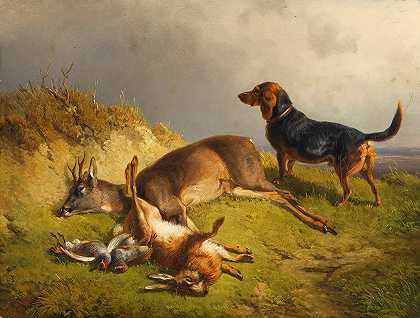 杀死猎物和猎狗`Erlegtes Wild und Jagdhund by Ludwig Gustav Voltz