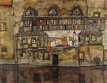 河上的房子墙`House Wall on the River (1915) by Egon Schiele