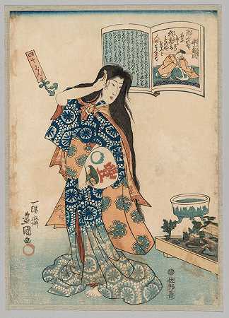 左手拿着扇子梳头的女人`Woman with a Fan in her Left Hand Combing her Hair (1786~1864) by Utagawa Kunisada (Toyokuni III)