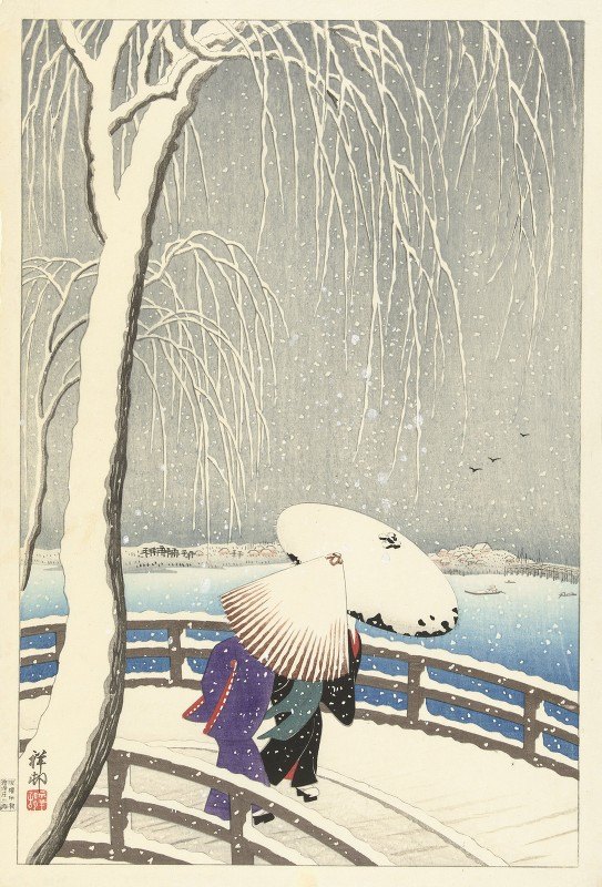 在柳崎的雪地里`In the snow on Yanagibashi (1927) by Ohara Koson
