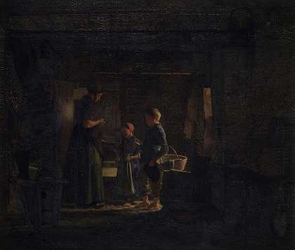 农民厨房里的两个乞丐`To tiggerbørn i et bondekøkken (1859 ~ 1860) by Frederik Vermehren