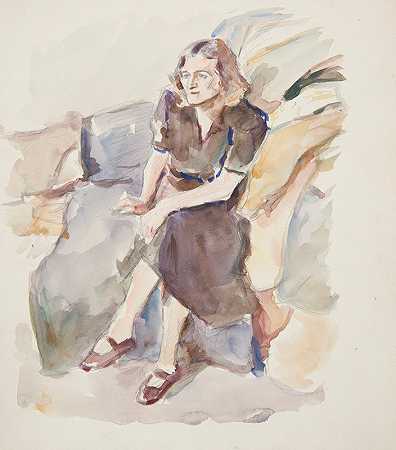 研究一个穿着棕色连衣裙的坐着的女人`Studium siedzącej kobiety w brązowej sukni (1944) by Ivan Ivanec
