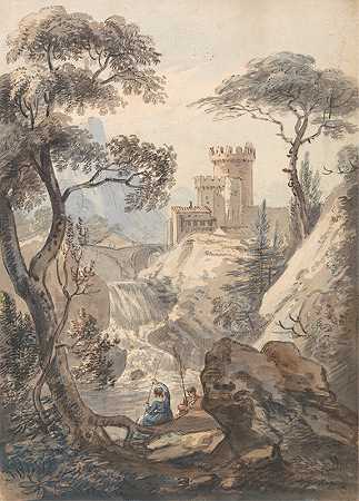 带有城堡、瀑布和垂钓者的意大利景观`Italianate Landscape with Castle, Cascade and Anglers (between 1780 and 1790) by Paul Sandby