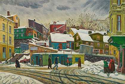 雪中的城市贫民区`Byens fattigkvarter i sneslaps (1928) by Ludvig Ravensberg