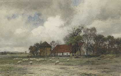 有农场的风景，有羊的牧羊人`Landschap met boerderij en herder met schapen (1872) by Julius Jacobus van de Sande Bakhuyzen