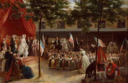 公爵夫人D奥尔良和巴黎伯爵参观了一个D巴黎庇护`La duchesse dOrléans et le comte de Paris visitent une salle dasile parisienne (1841) by Jules Laure
