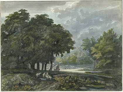 牧民在森林中放牧`Herders met kudde in bosrijk landschap (1706 ~ 1759) by Jacob van Liender