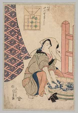 坐在木盆里洗衣服的女人`Seated Woman Washing Clothes in a Wooden Tub (1786~1864) by Utagawa Kunisada (Toyokuni III)