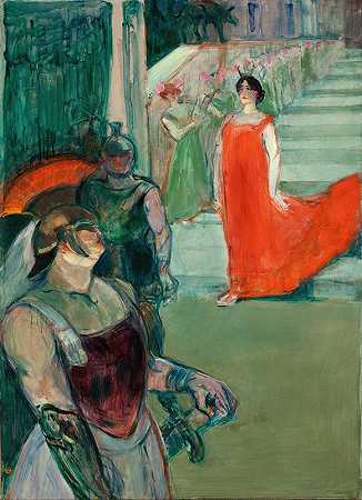 歌剧院Messalina在波尔多（Messaline下楼L楼梯边有临时工）`The Opera Messalina at Bordeaux (Messaline descend lescalier bordé de figurants) (1900~1901) by Henri de Toulouse-Lautrec