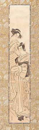 女人和穿着Komusō服装的男人（可能是Soga剧中的Kewaizaka no ShōShō和Soga no Jurō）`Woman with Man in Komusō Costume (possibly Kewaizaka no Shōshō and Soga no Jurō in a Soga Play) (late 18th century) by Katsukawa Shunshō