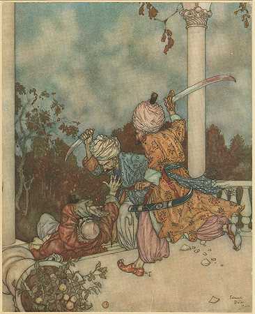 他刚走到主门廊的台阶上，他们就追上了他`They overtook him just as he reached the steps of the main porch (1910) by Edmund Dulac