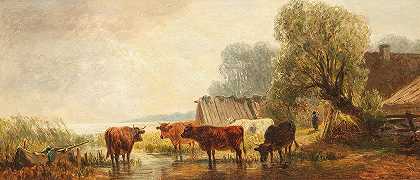 水边的牛群`Rinderherde am Wasser by Friedrich Voltz