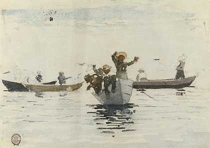 四艘带孩子的划艇`Four Rowboats with Children (1880) by Winslow Homer
