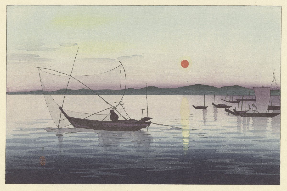 船与夕阳`Boats and Setting Sun (1900 ~ 1936) by Ohara Koson