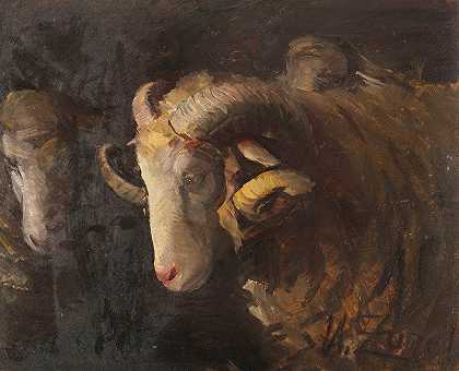 白羊头和母羊`Widderkopf und Mutterschaf (1880) by Heinrich Von Zügel