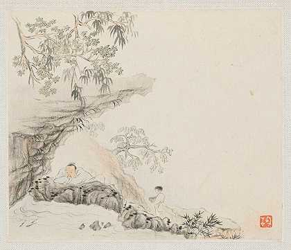 一个男人躺在岩石的悬挑下一个男孩站在他的右边`A Man Lies under a Rocky Overhang; a Boy Stands to his Right (1700s) by Hua Yan