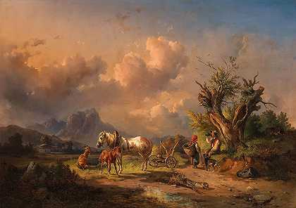 一位农民与放牧的动物和一匹小马驹一起休息`A Peasant Resting with Grazing Animals and a Foal (1857) by Edmund Mahlknecht