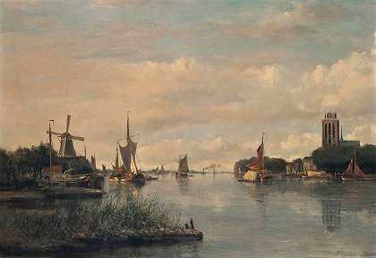 多德雷赫特格罗特角前乌德马斯的船只`Vessels on the Oude Maas before the Grote kerk, Dordrecht by Francois Carlebur