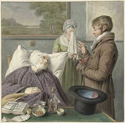 医生探望卧病在床的老妇人`Arts bezoekt een zieke oude vrouw in bed (1771 ~ 1816) by Wybrand Hendriks