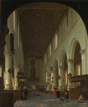 从唱诗堂到大门的代尔夫特奥德路的屋内`Interior of the Oude Kerk in Delft from the Choir toward the Portal (1660 ~ 1690) by Cornelis de Man
