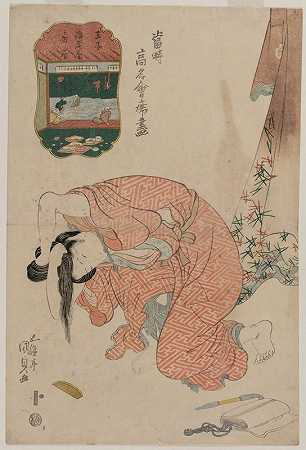 系头发的女人（摘自当代著名餐厅系列）`Woman Tying Her Hair (from the series Famous Restaurants of the Present Day) (c. early 1820s) by Utagawa Kunisada (Toyokuni III)