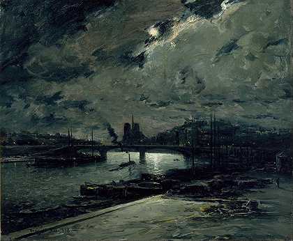 巴黎塞纳河畔月光下的码头`Quai de la Seine, Paris, au Clair de Lune (1898) by Frank Myers Boggs