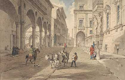 博洛尼亚，斯特拉达马焦雷风景区`Bologna, View in the Strada Maggiore (1819) by John Augustus Atkinson