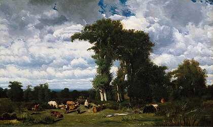 利木赞的牛群景观`Landscape with Cattle at Limousin (1837) by Jules Dupré